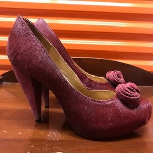 Red pony hair platform pump